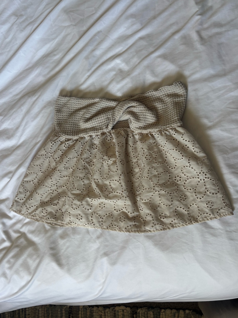 Cream Strapless Eyelet Tube Top with Knit Twist Band
